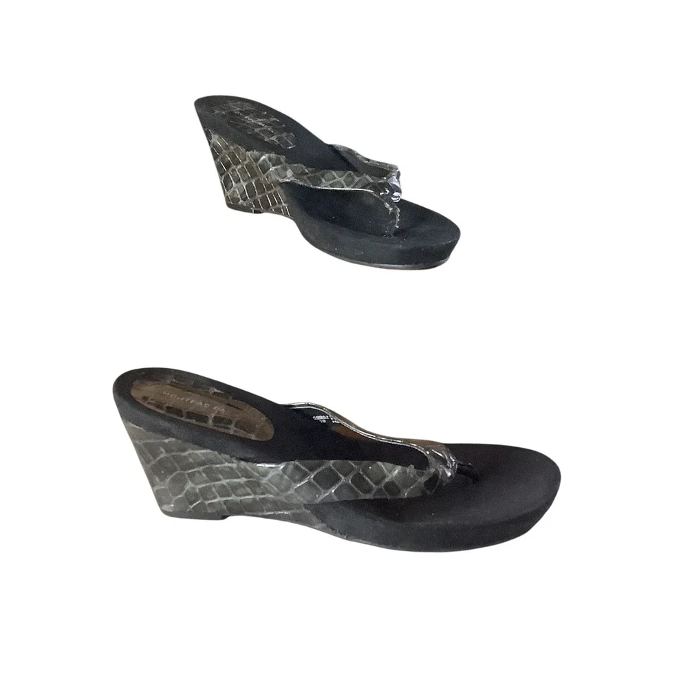 Montego Bay Club Wedge Sandals Womens 9.5 Black Snake Skin Y2K Thong Flip Flop